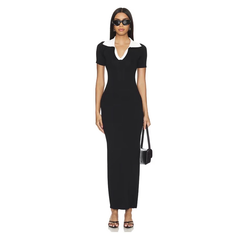 ALL‎ THE WAYS Rava Maxi Dress Long Collared Short Sleeve Black/White Size S